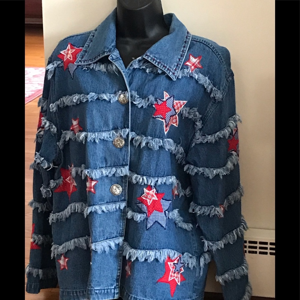 Patriotic denim jacket with fringe size Medium